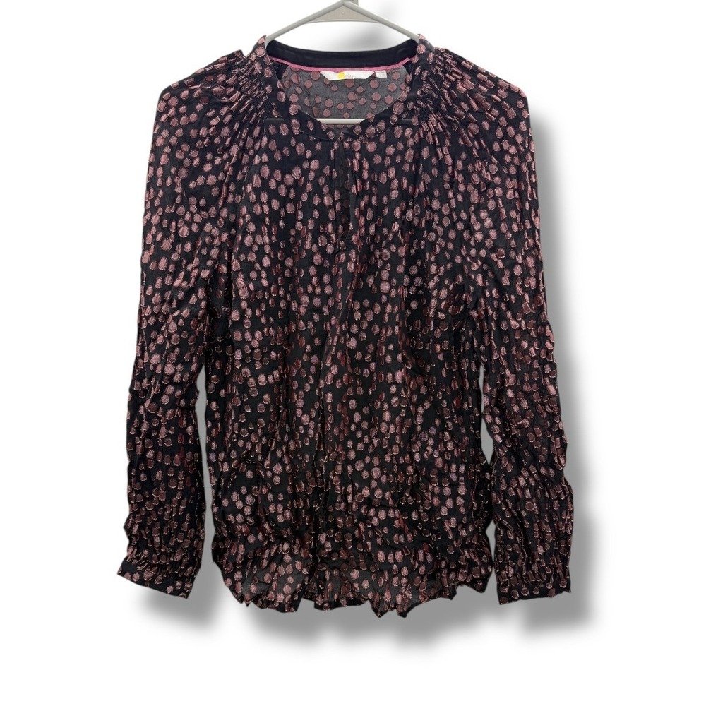Boden Metallic Clip Dot‎ Blouse US 10 Black Rose Gold Long Sleeve Ruffle Top